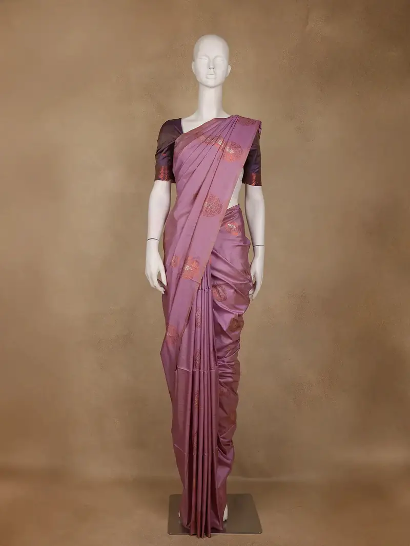 Pink Leaf Designed Soft Silk Saree With Contrast Purple Blouse 1