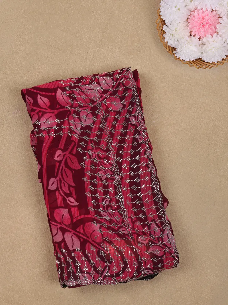 Pink Leaf Printed Design Chiffon Saree With Stone Work 1