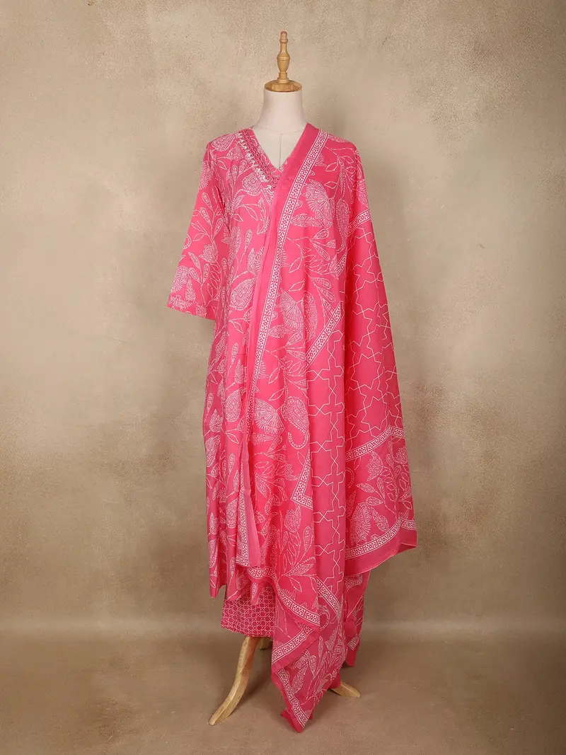 Pink Leaf Printed Design Cotton Anarkali Salwar Suit With Printed Dupatta 1