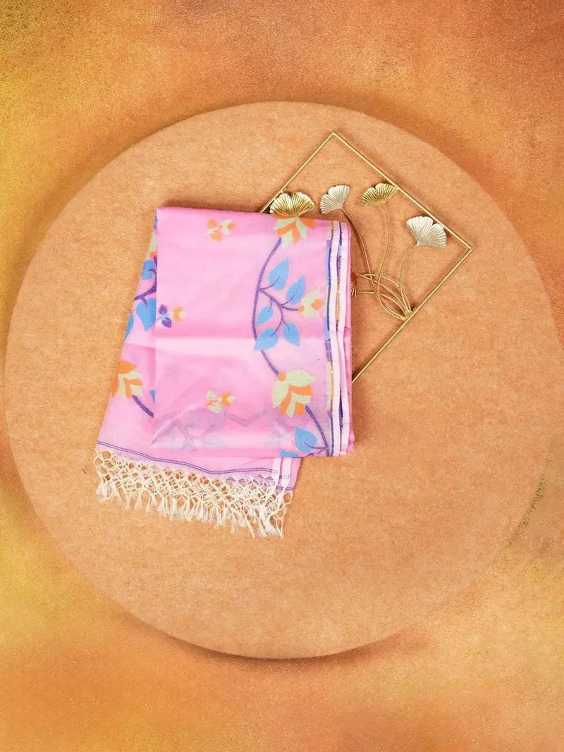 Pink Linen Cotton Saree With Floral Patterns On The Body With Designed Border 1
