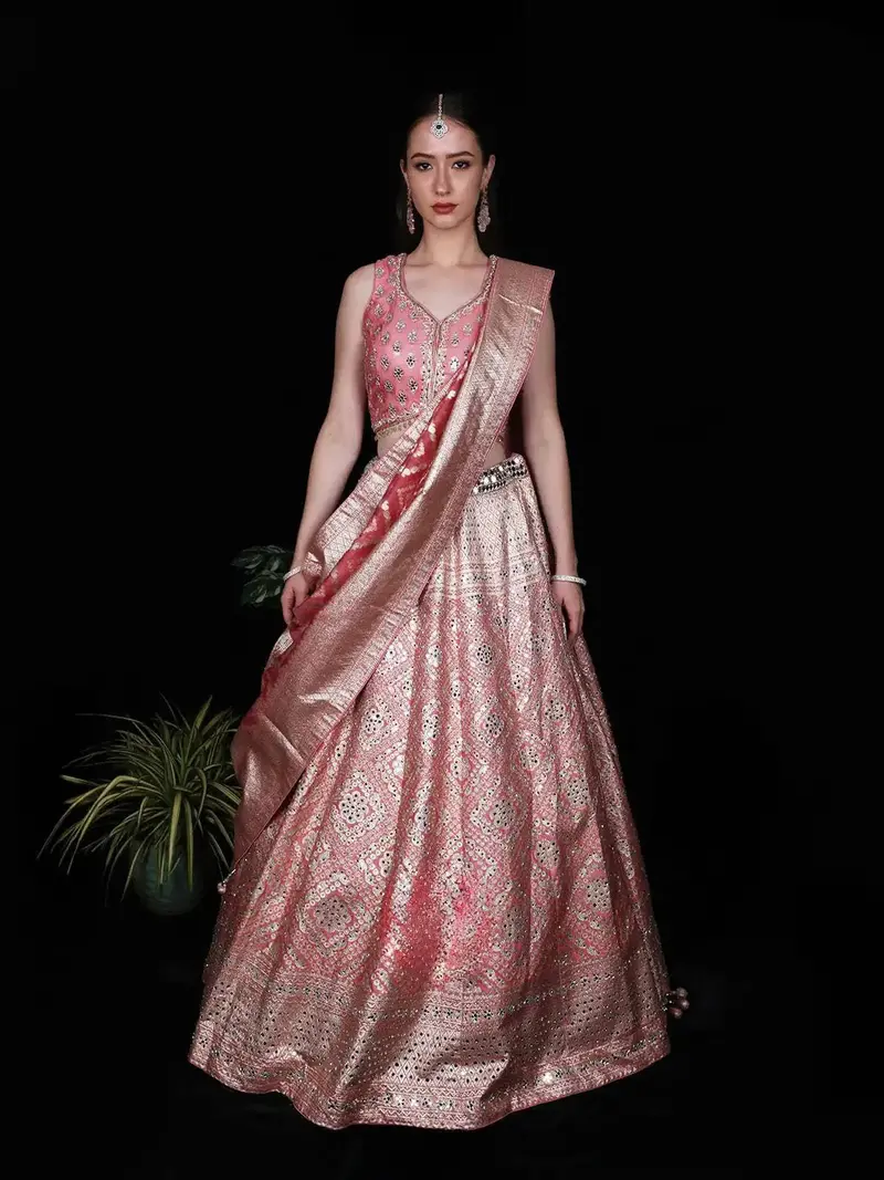 Pink Mirror Designed Banarasi Silk Bridesmaid Lehenga 1