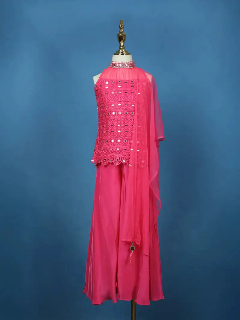 Pink Mirror Work Georgette Kids Palazzo Suit With Dupatta 1
