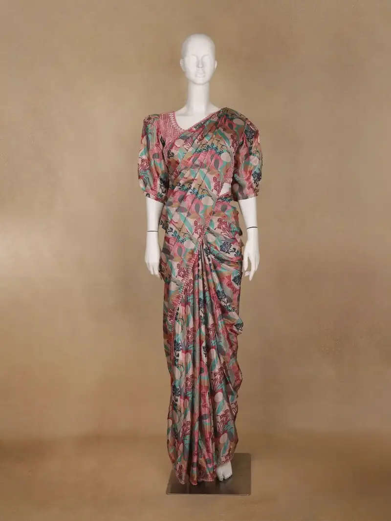 Pink Multicolor Floral Printed Synthetic Saree With Embroidered Blouse 1