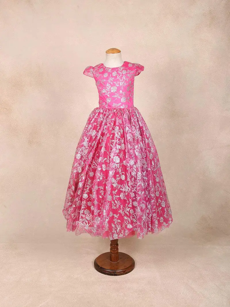 Pink Net Ball Gown Embellished With Floral Glitter Embroidery 1