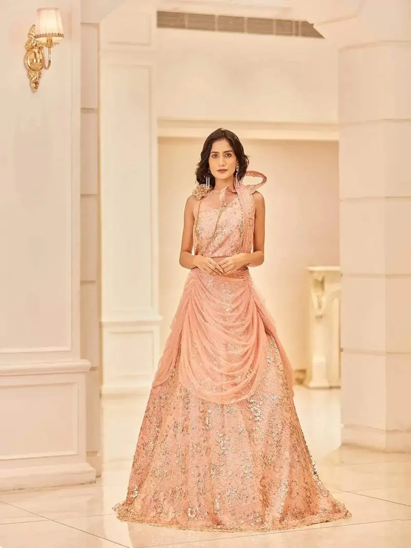 Pink Net Gown Adorned With Floral Laces And Sequins 1