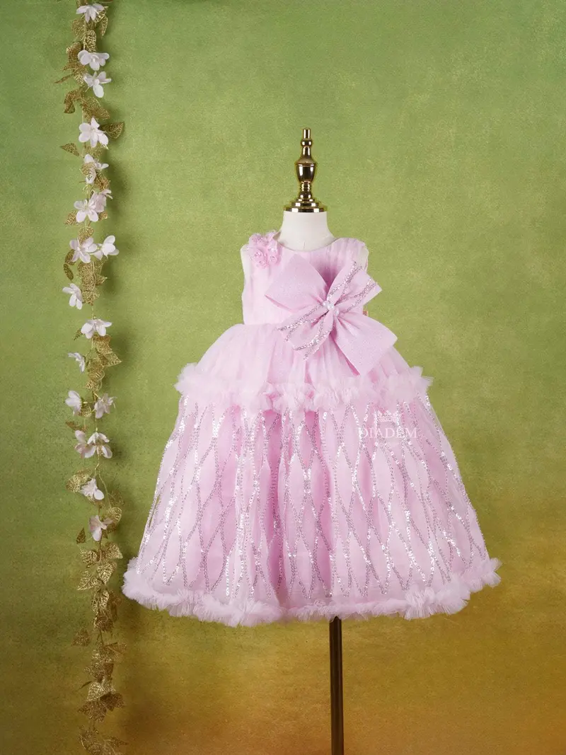 Pink Net Gown Adorned With Sequins, Big Bow And Butterflies 1