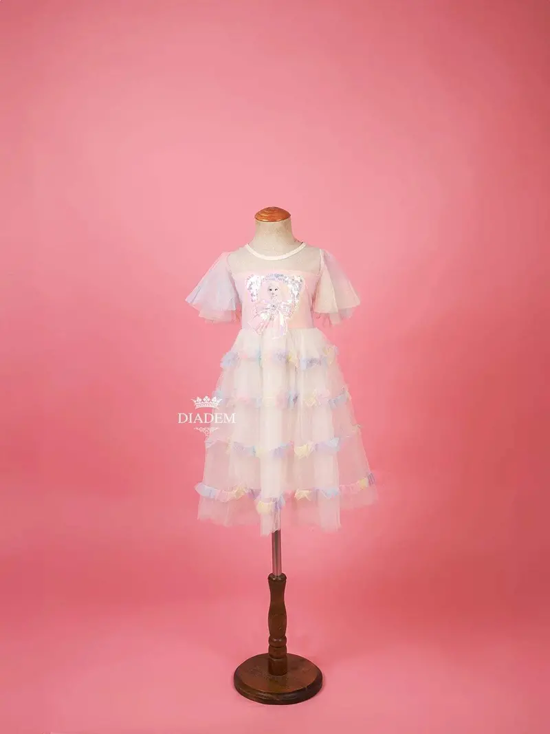 Pink Net Layered Gown Adorned With Barbie Prints And Sequins 1