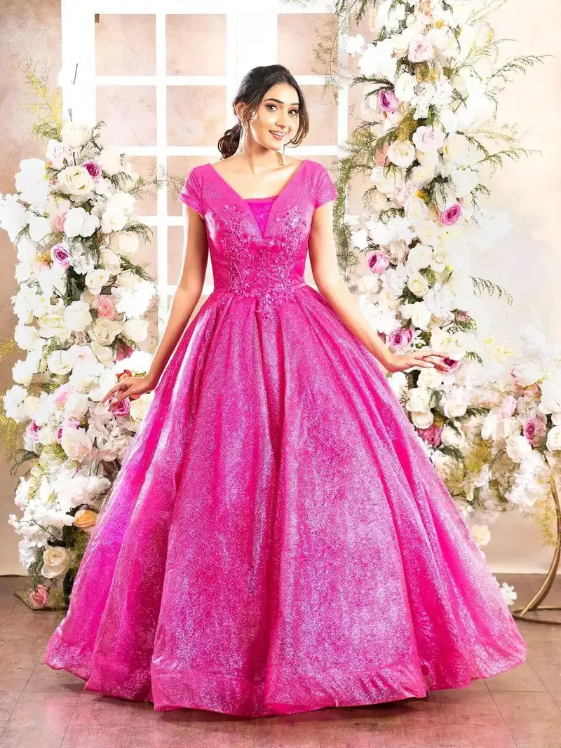 Pink Net With Shimmers And Floral Laces Gown 1