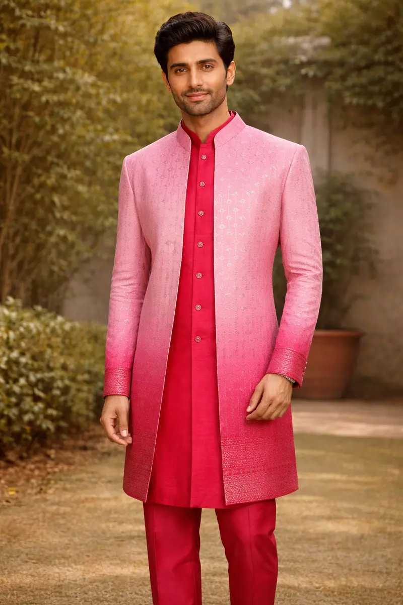 Pink Ombre Sequin Embroidered Jacquard Sherwani Suit 1