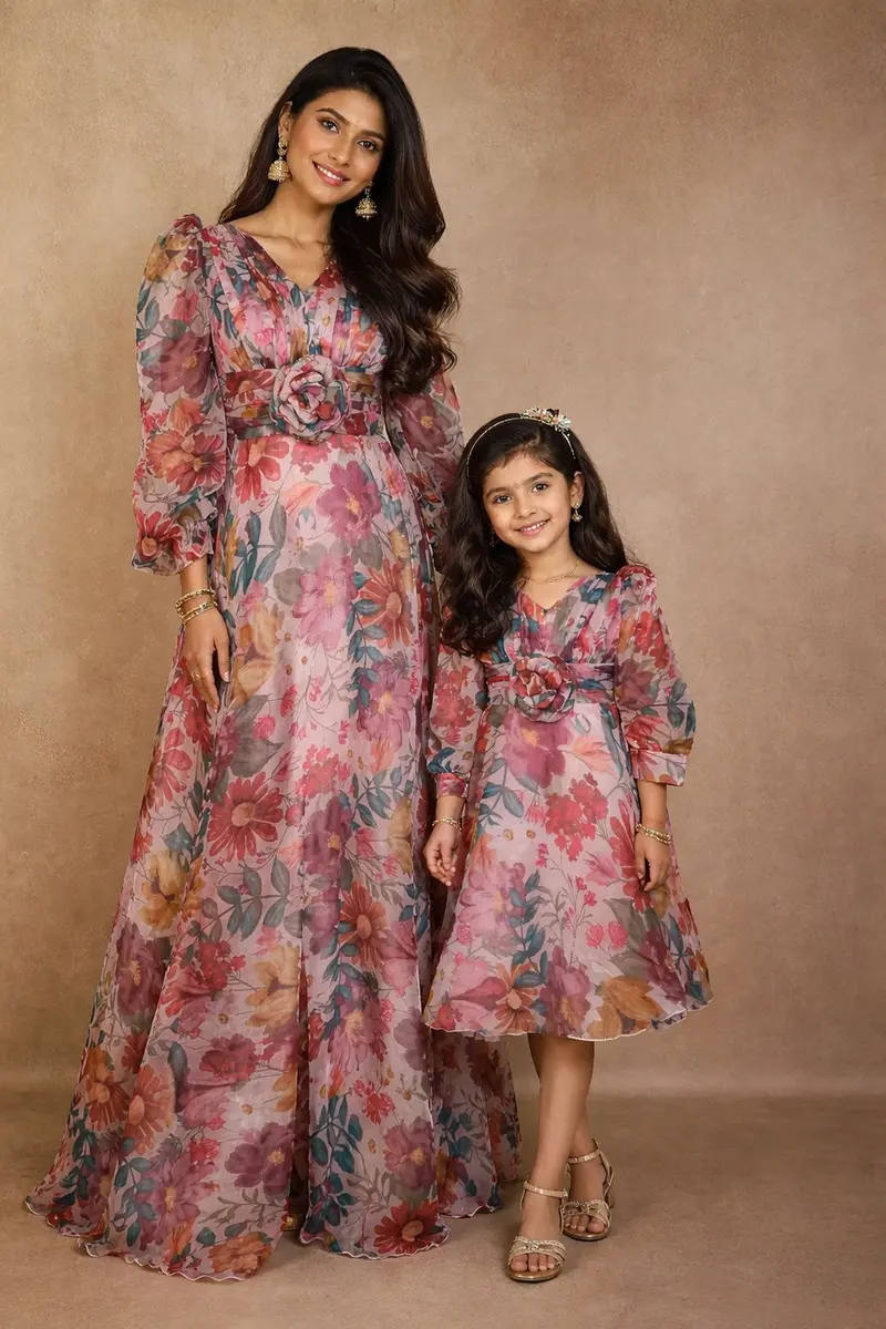 Pink Organza Party Wear Gowns For Mother & Daughter 1