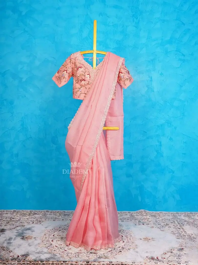 Pink Organza Silk Saree Embellished With Sequins And Beads Border And Designer Blouse 1