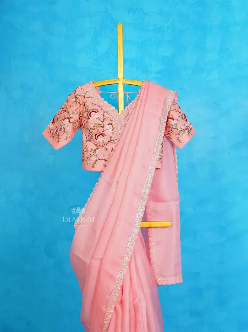 Pink Organza Silk Saree Embellished With Sequins And Beads Border And Designer Blouse 2