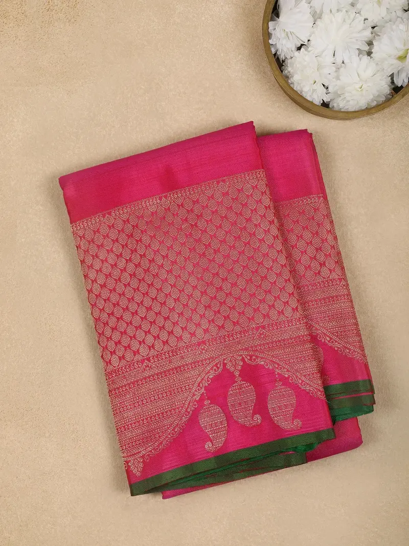 Pink Paisley And Leaf Motif Pure Kanchipuram Silk Saree 1