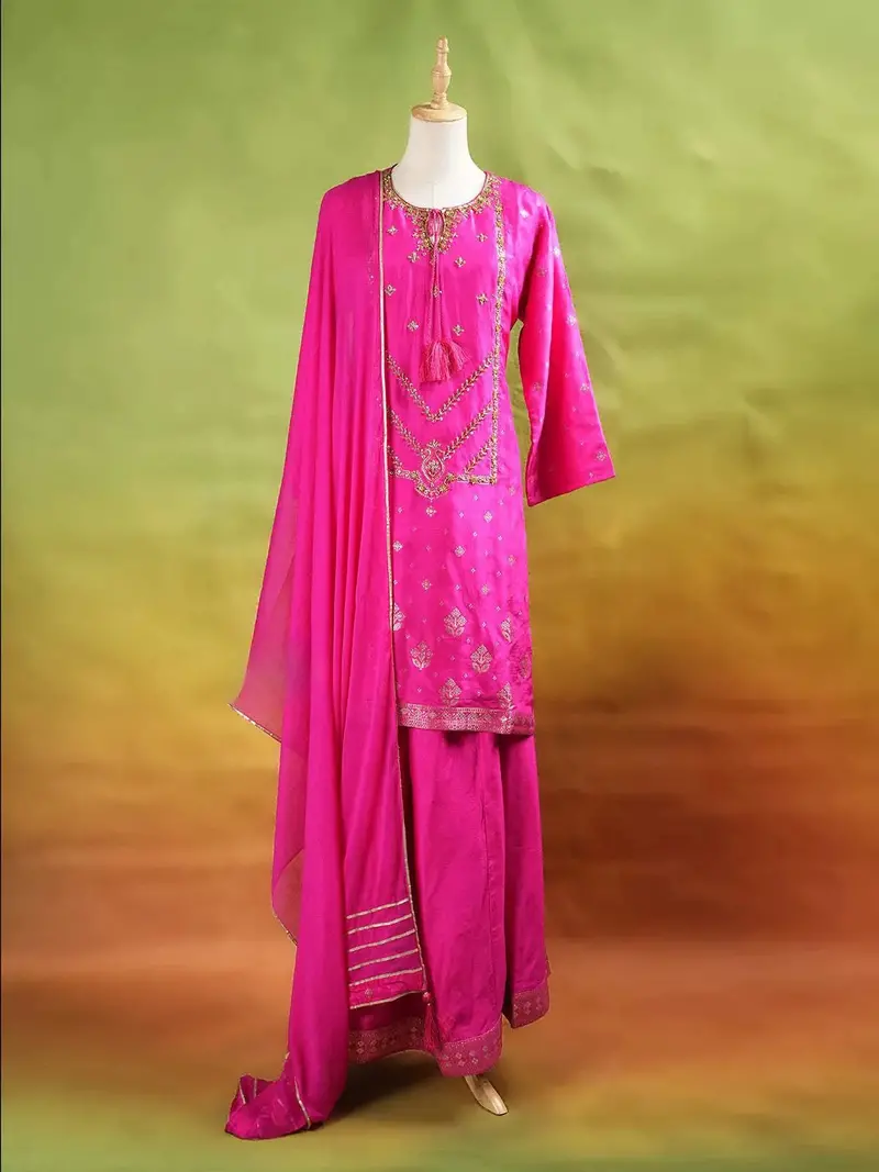 Pink Palazzo Suit Adorned With Floral Embroidery, With Dupatta And 3/4 Sleeve 1