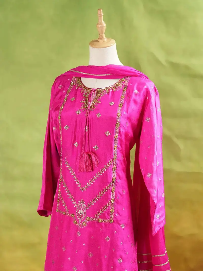 Pink Palazzo Suit Adorned With Floral Embroidery, With Dupatta And 3/4 Sleeve 2