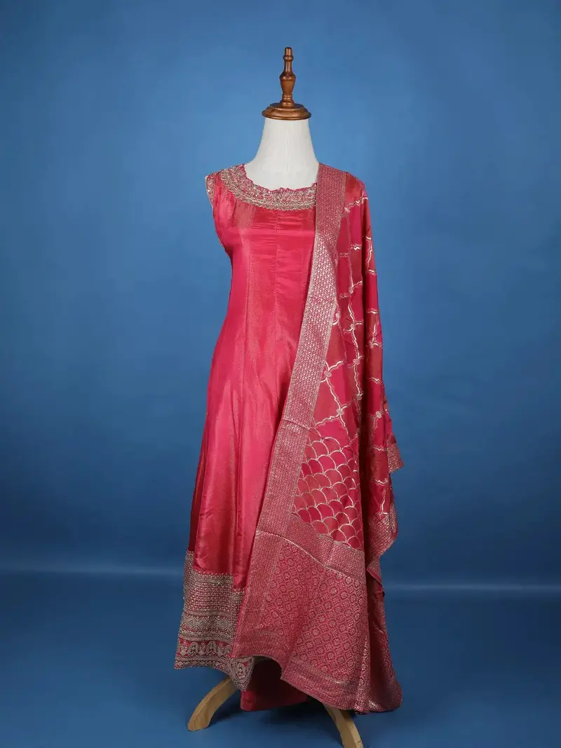 Pink Panel Anarkali Tissue Silk Salwar Suit 1
