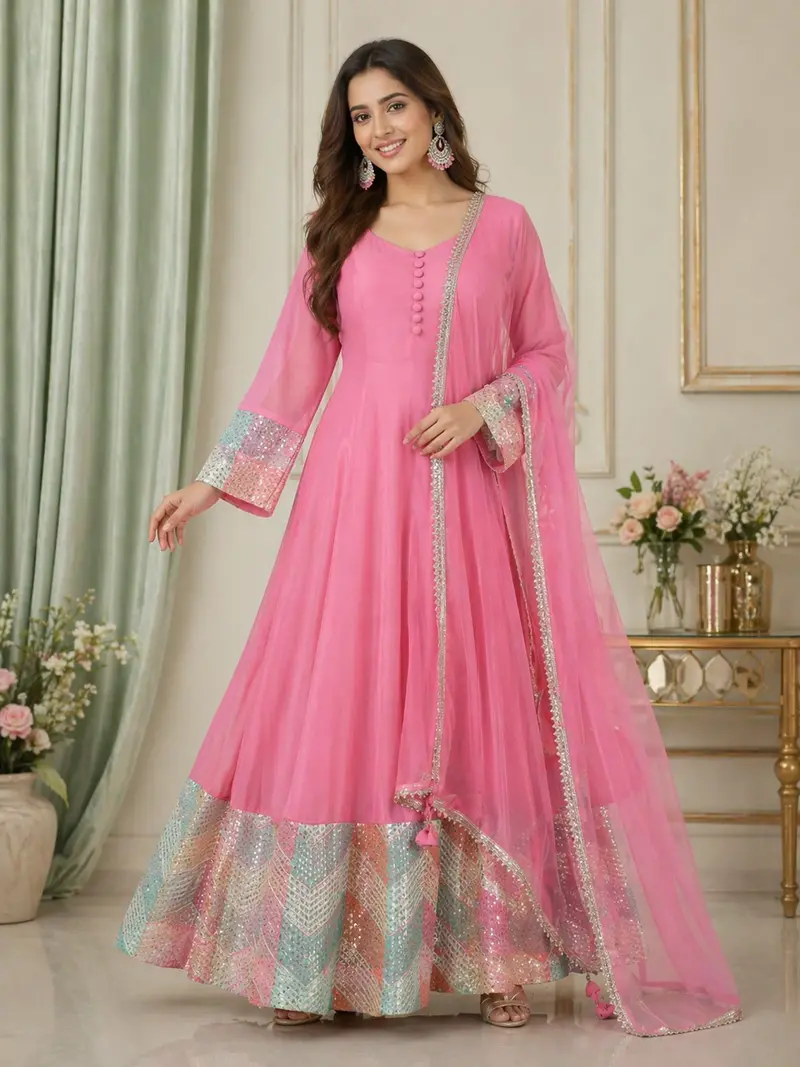 Pink Panel Designed Anarkali Georgette Gown 1