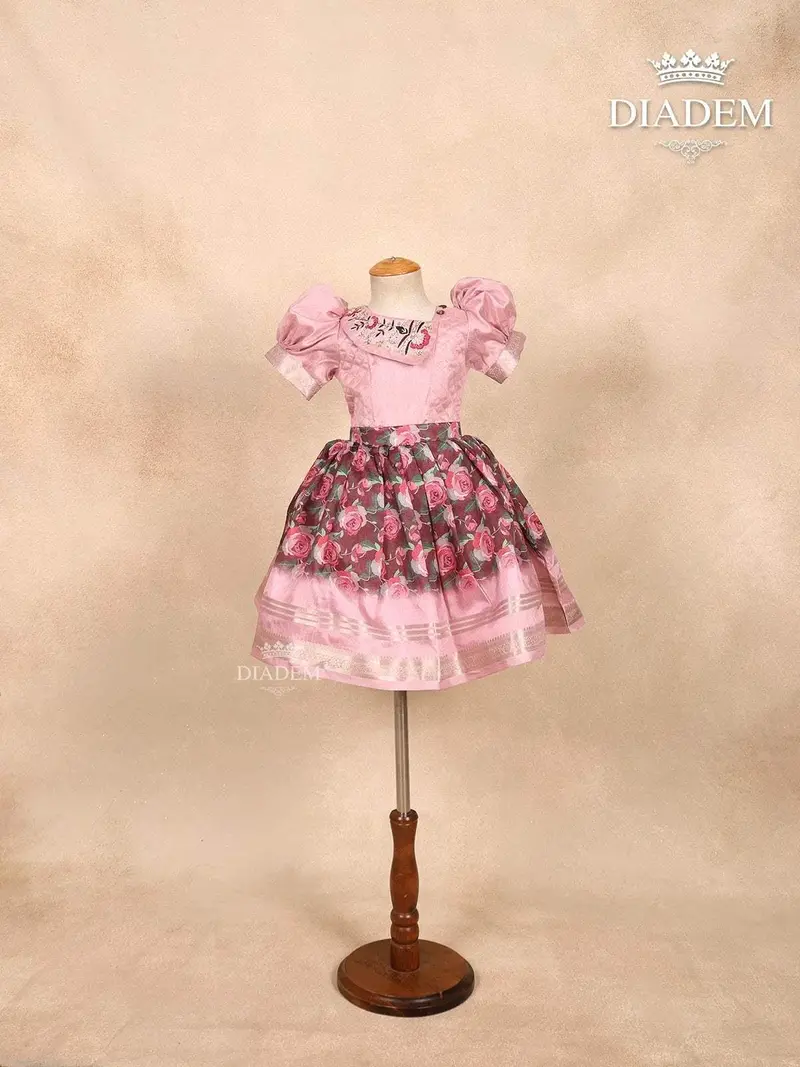 Pink Pavadai And Top With Zari And Floral Prints 1