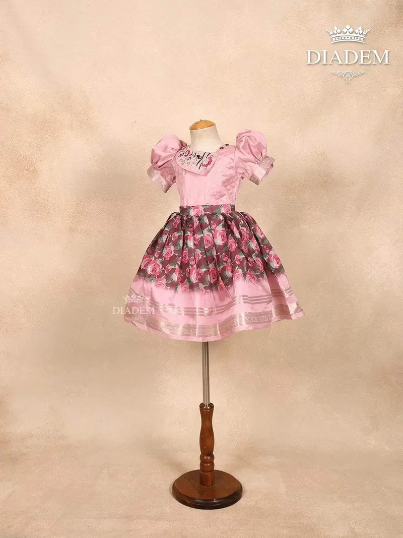 Pink Pavadai And Top With Zari And Floral Prints 2
