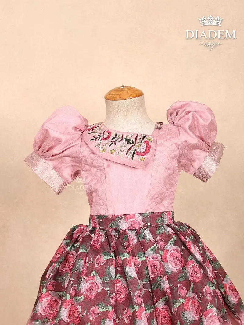Pink Pavadai And Top With Zari And Floral Prints 3