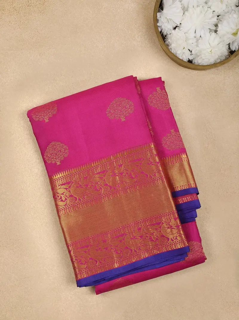 Pink Peacock And Tree Motif Pure Kanchipuram Silk Saree 1