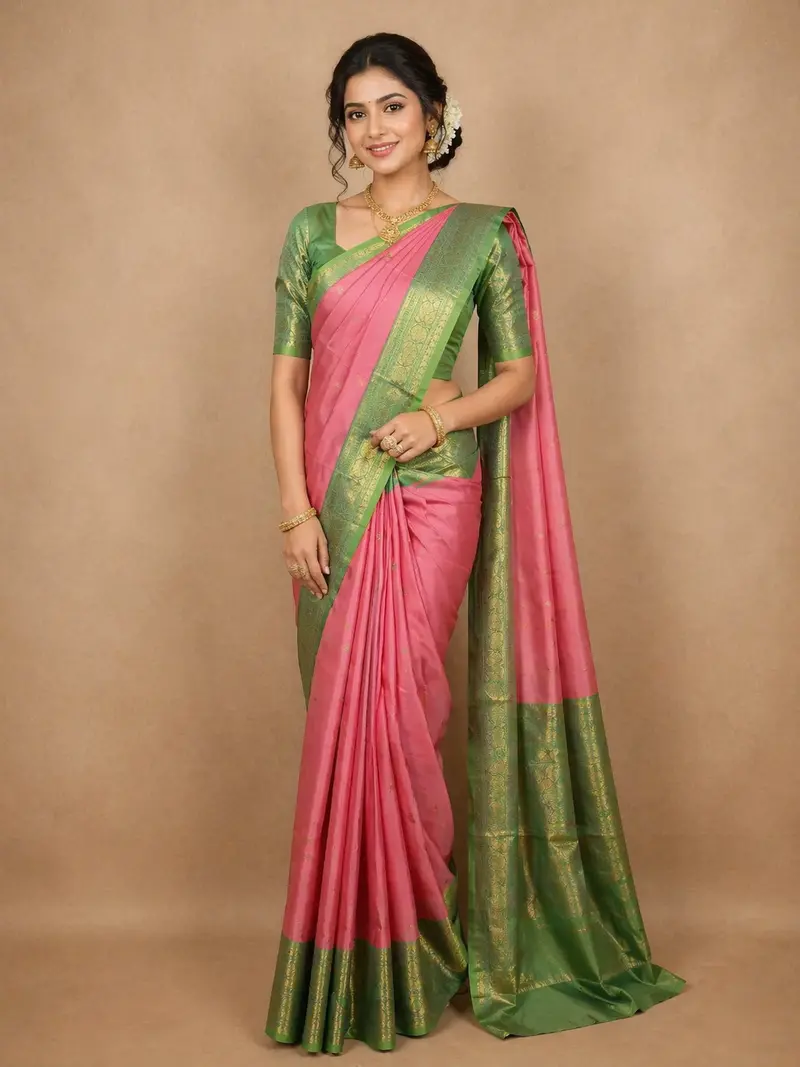 Pink Peacock Woven Pure Kanchipuram Silk Saree 1