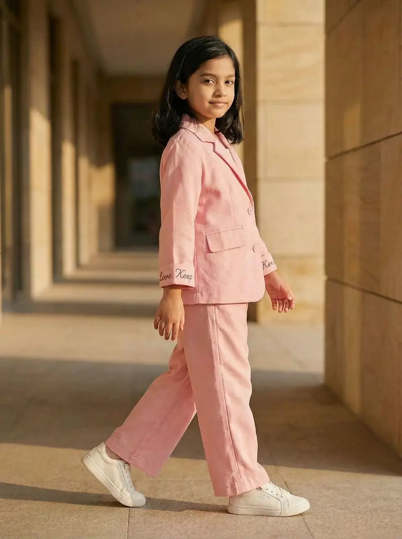 Pink Plain Cotton Blend Blazer Suit For Girls 1