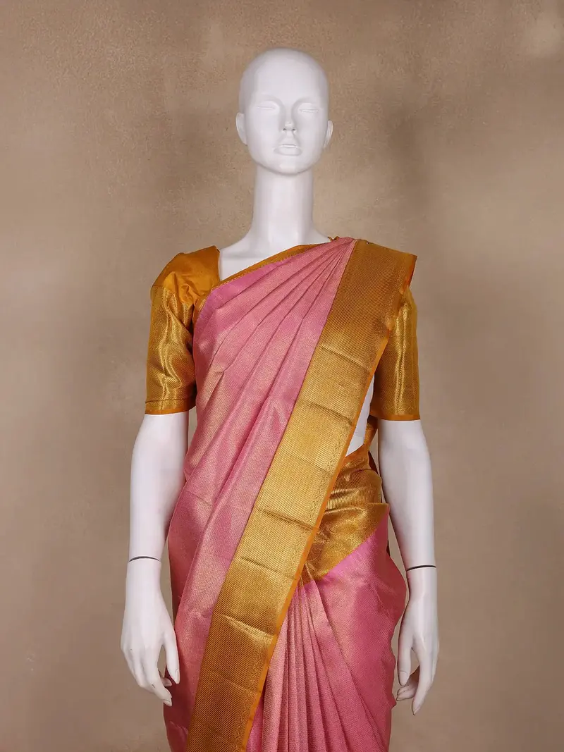 Pink Plain Woven Pure Tissue Silk Saree With Zari Border 2