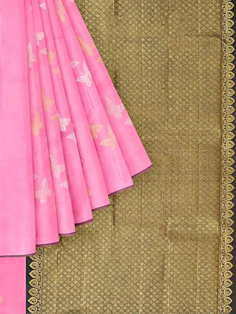 Pink Pure Kanchipuram Bridal Silk Saree With Butterfly Motif On The Body Without Border 1