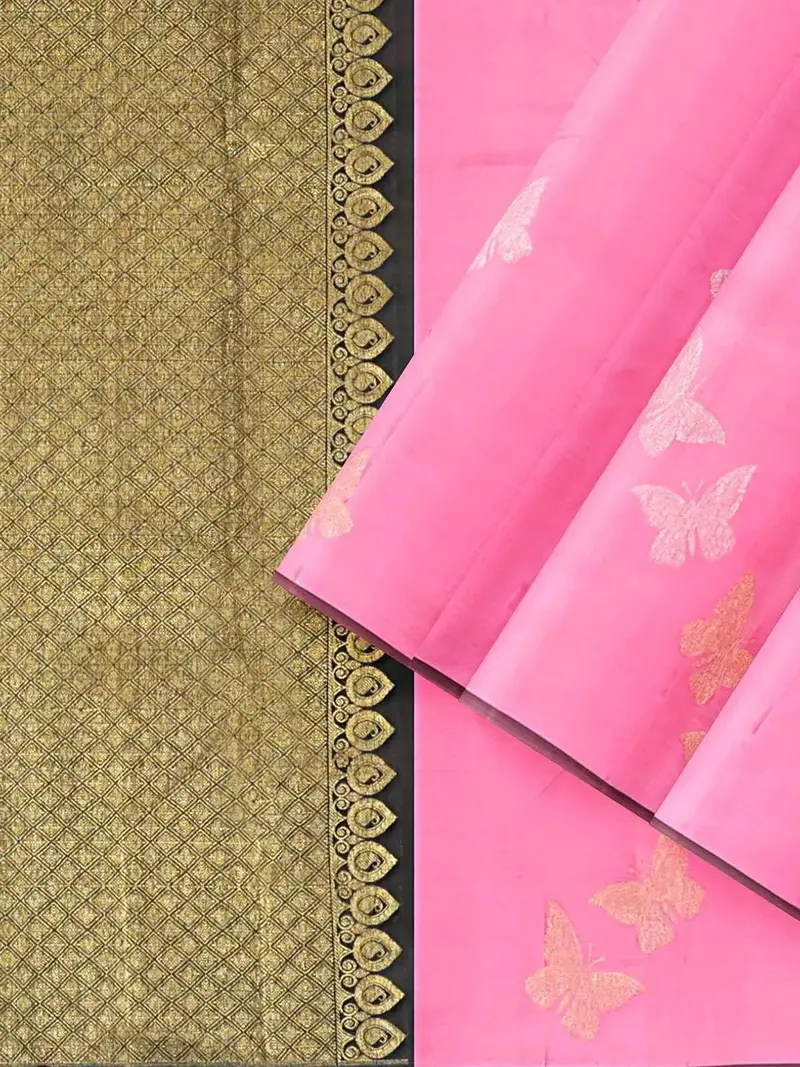 Pink Pure Kanchipuram Bridal Silk Saree With Butterfly Motif On The Body Without Border 2