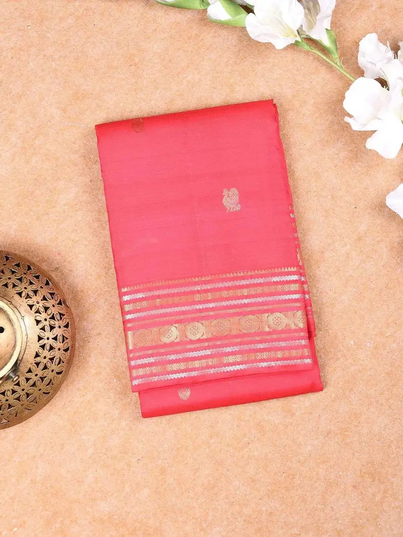 Pink Pure Kanchipuram Bridal Silk Saree With Chakra And Peacock Motif On The Body With Zari Border 1