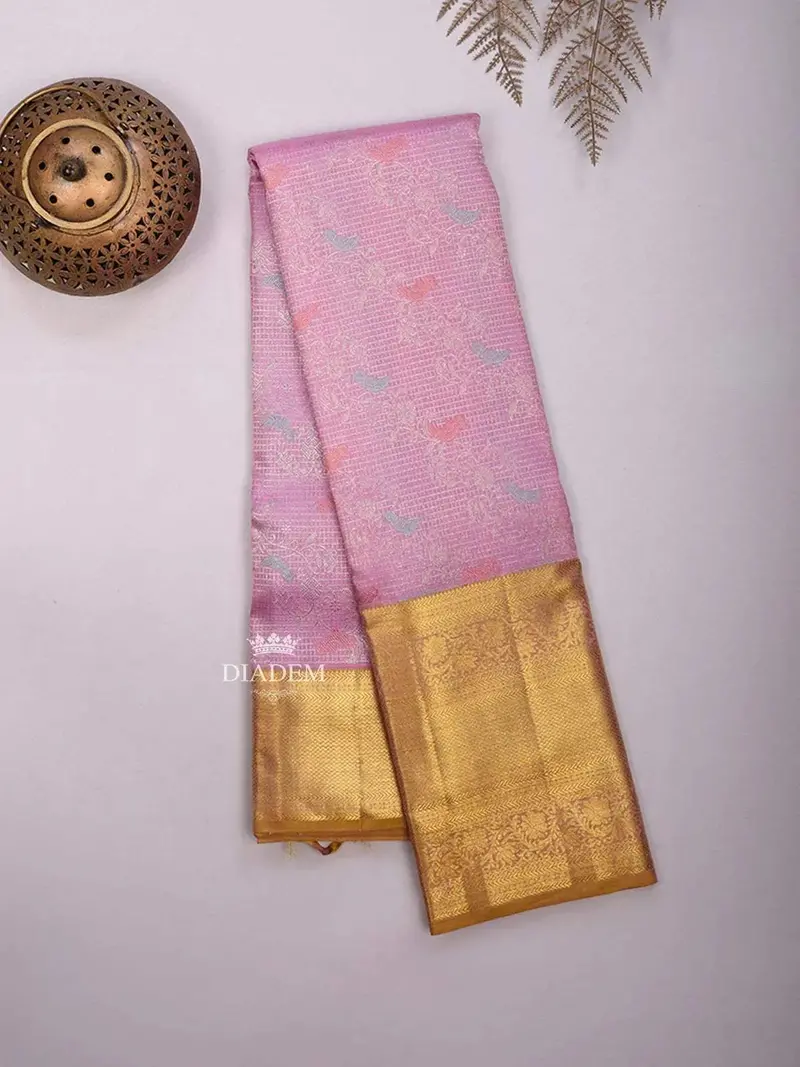 Pink Pure Kanchipuram Bridal Silk Saree With Checks On The Body And Contrast Zari Border 2