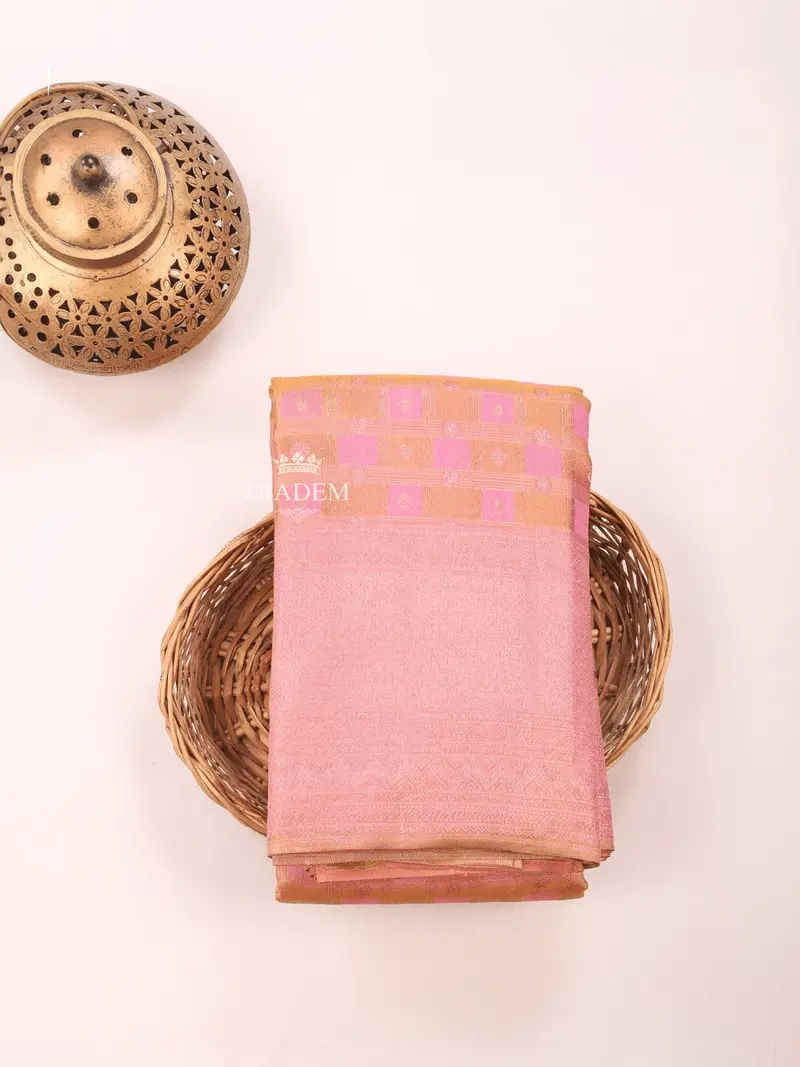 Pink Pure Kanchipuram Bridal Silk Saree With Checks On The Body And Zari Border 1
