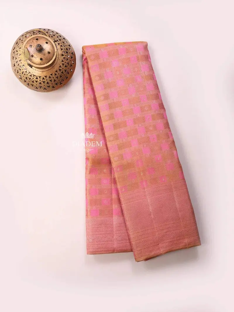 Pink Pure Kanchipuram Bridal Silk Saree With Checks On The Body And Zari Border 2