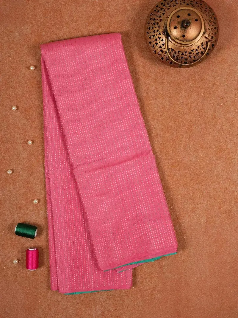 Pink Pure Kanchipuram Silk Saree With Dotted Stripes Design On The Body And Without Border 1