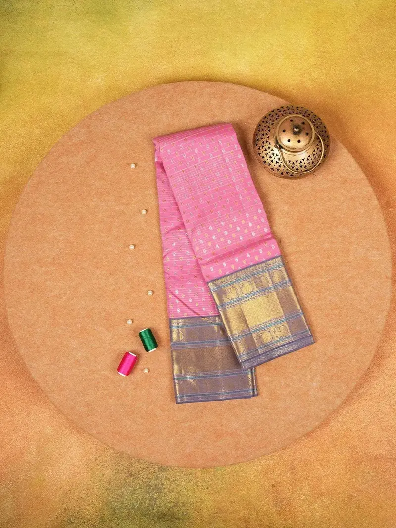 Pink Pure Kanchipuram Silk Saree With Floral And Stripes Design On The Body And With Contrast Designed Border 1