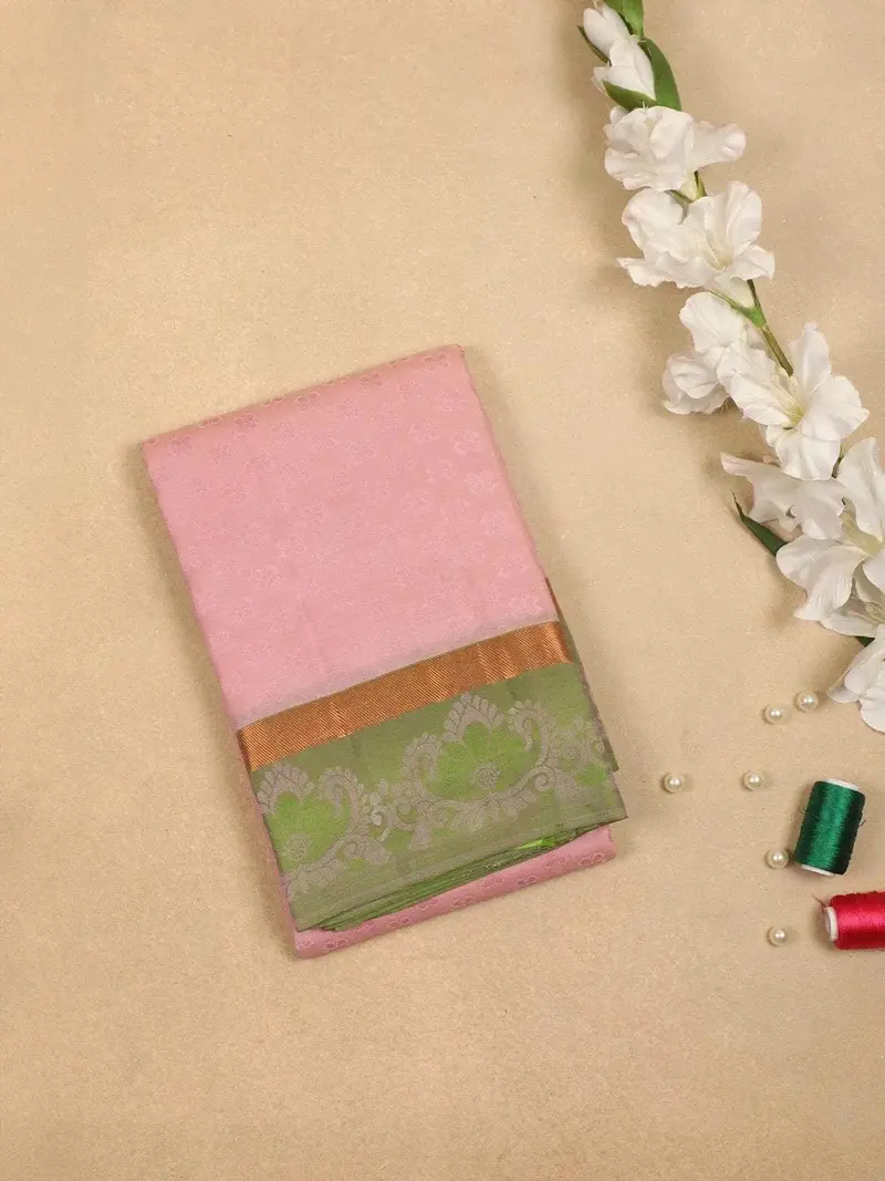 Pink Pure Kanchipuram Silk Saree With Flower Designs On The Body With Designed Zari Border 1