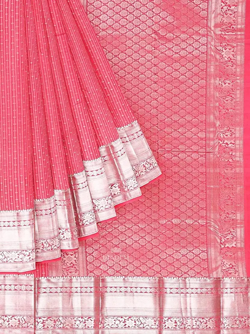 Pink Pure Kanchipuram Silk Saree With Stripes On The Body And Zari Border 1