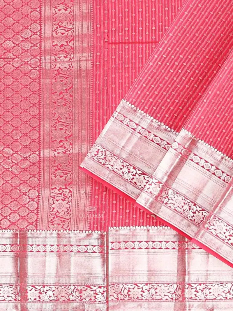Pink Pure Kanchipuram Silk Saree With Stripes On The Body And Zari Border 2