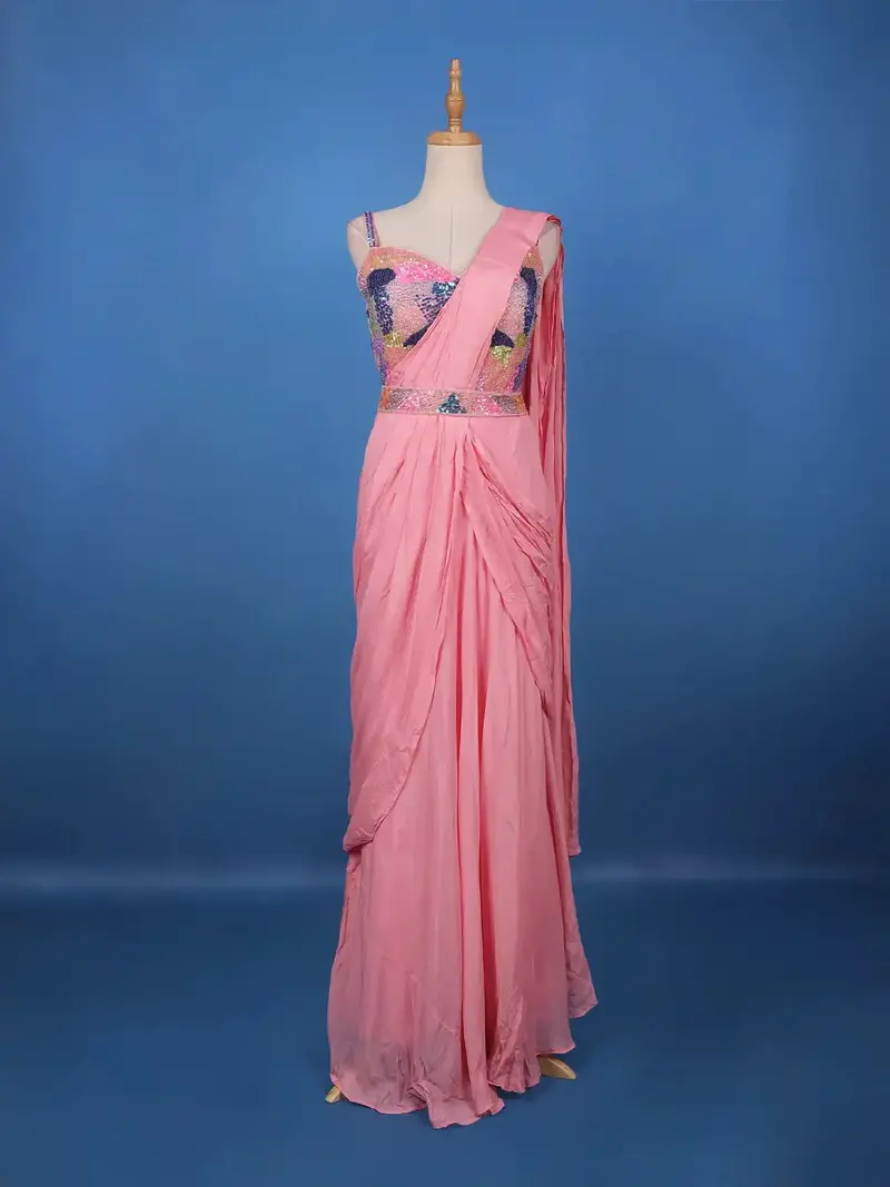 Pink Ready-To-Wear Draped Georgette Saree With Multicolor Sequin Embroidered Blouse 1