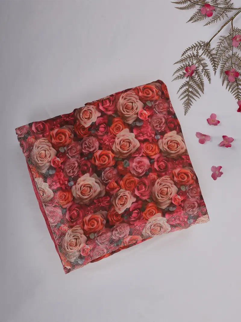 Pink Rose Floral Printed Chiffon Saree With Stone Embellished Scallop Border 1