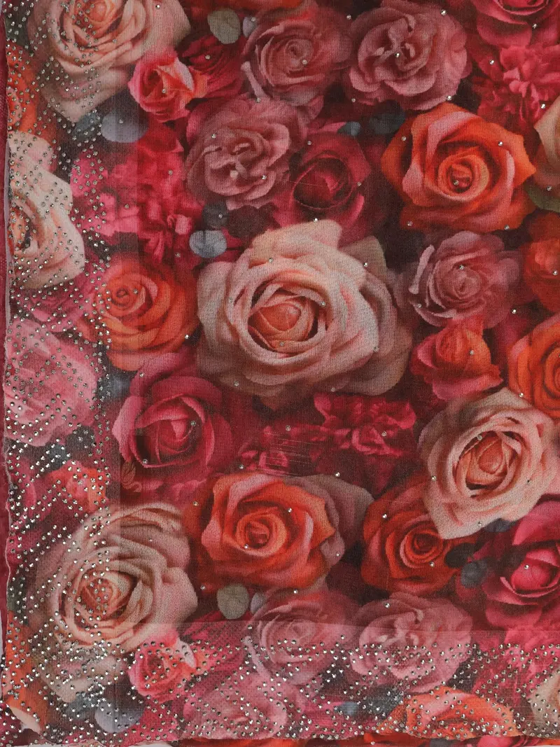 Pink Rose Floral Printed Chiffon Saree With Stone Embellished Scallop Border 2