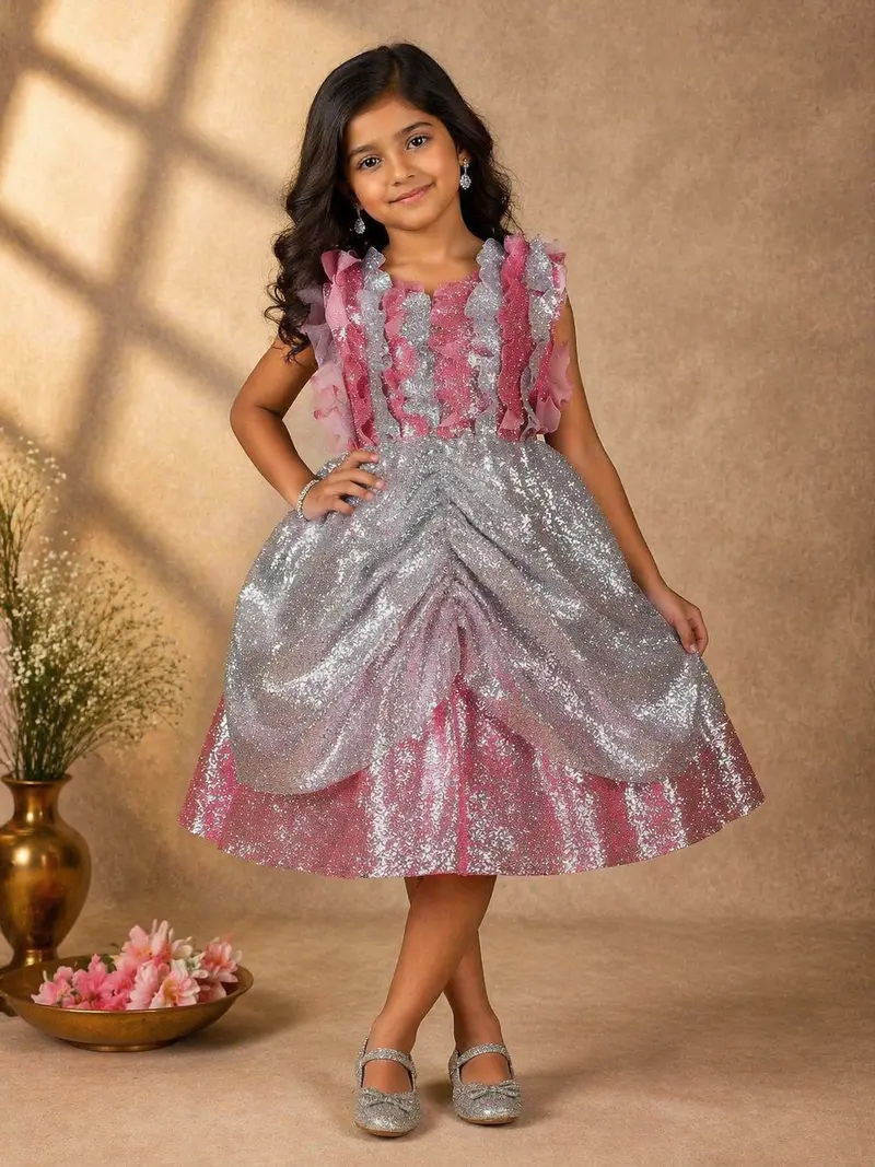Pink Ruffle Design Giltter Party Gown For Girls 1