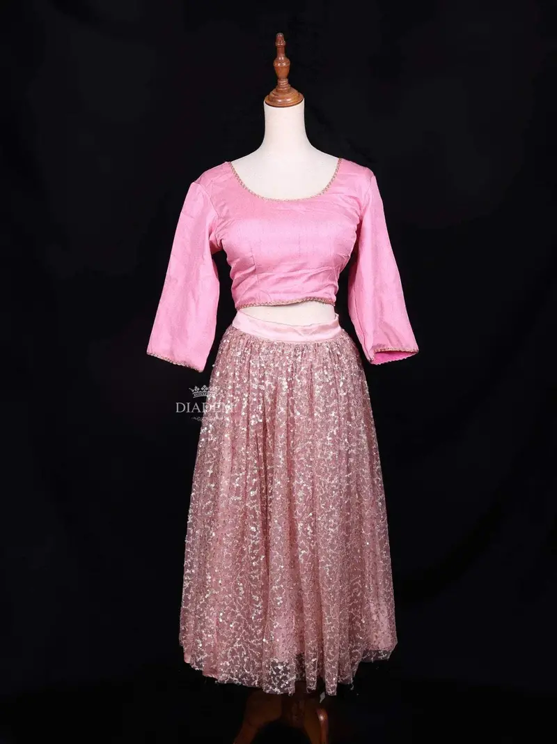 Pink Satin And Net Lehenga Adorned With Glitter Work For Girls 1