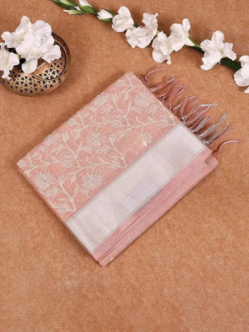 Pink Semi Banarasi Saree With Floral Design On The Body With Zari Border 1