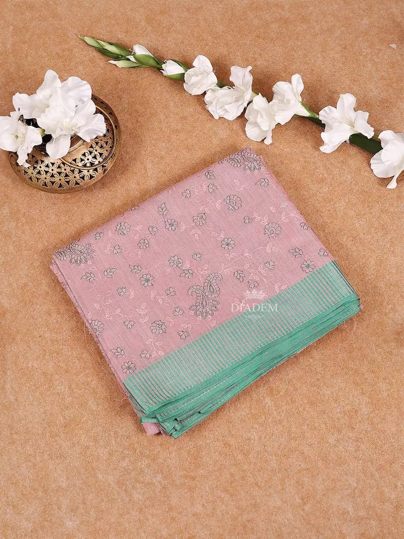 Pink Semi Banarasi Saree With Floral Designs On The Body And Thread Border 1