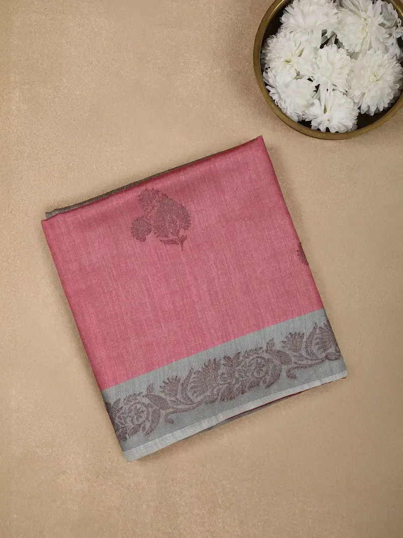 Pink Semi Tussar Silk Floral Designed Saree 1