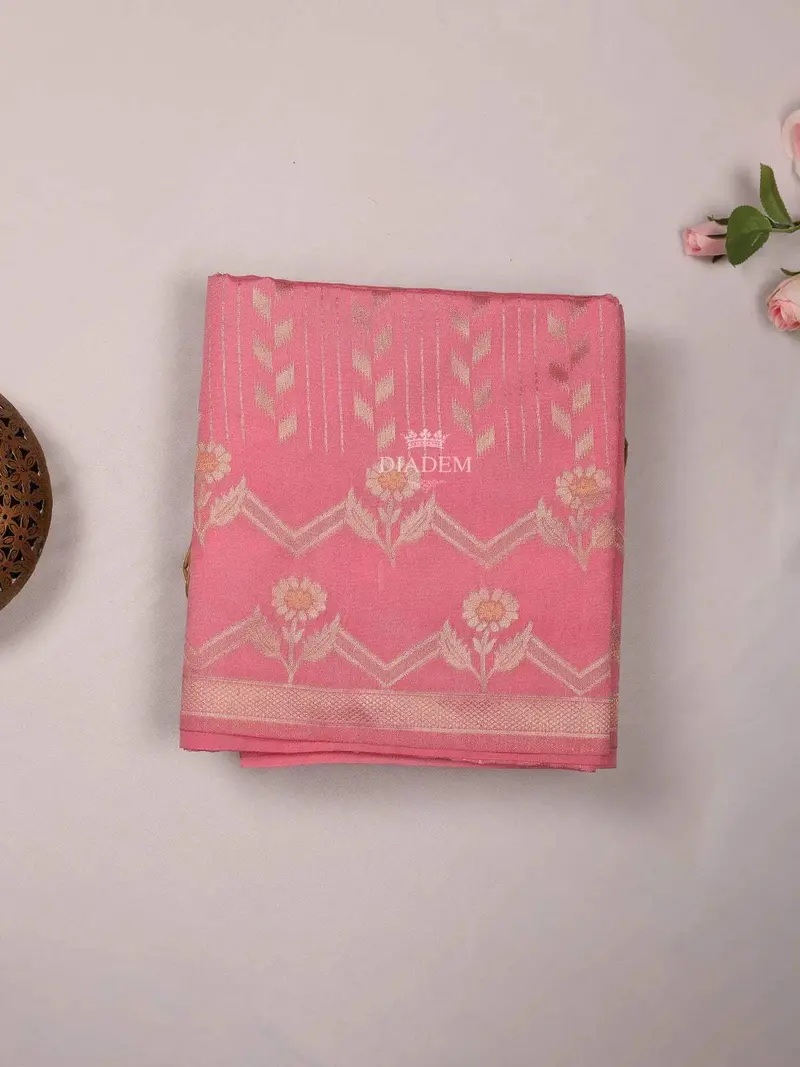 Pink Semi Tussar Silk Saree With Floral Design On The Body Without Border 1