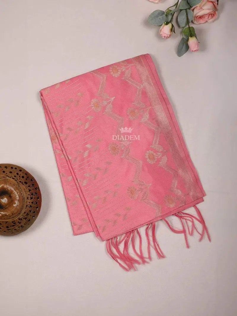 Pink Semi Tussar Silk Saree With Floral Design On The Body Without Border 2