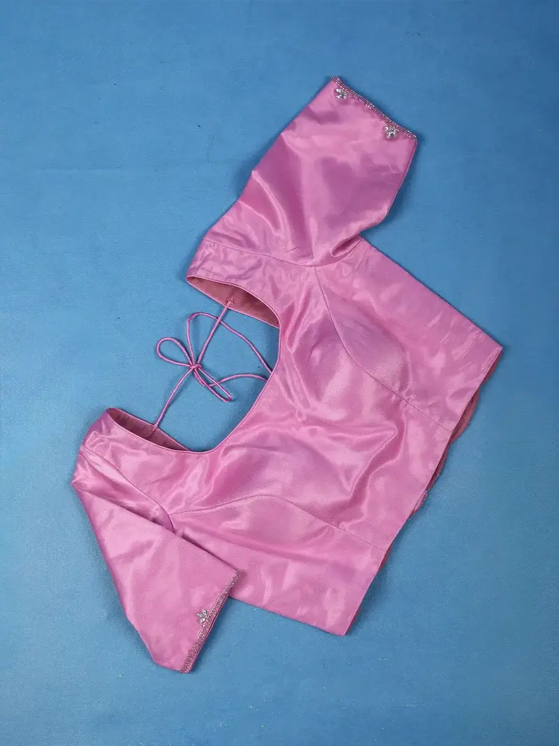 Pink Sequin And Bead Embellished Readymade Satin Blouse 1